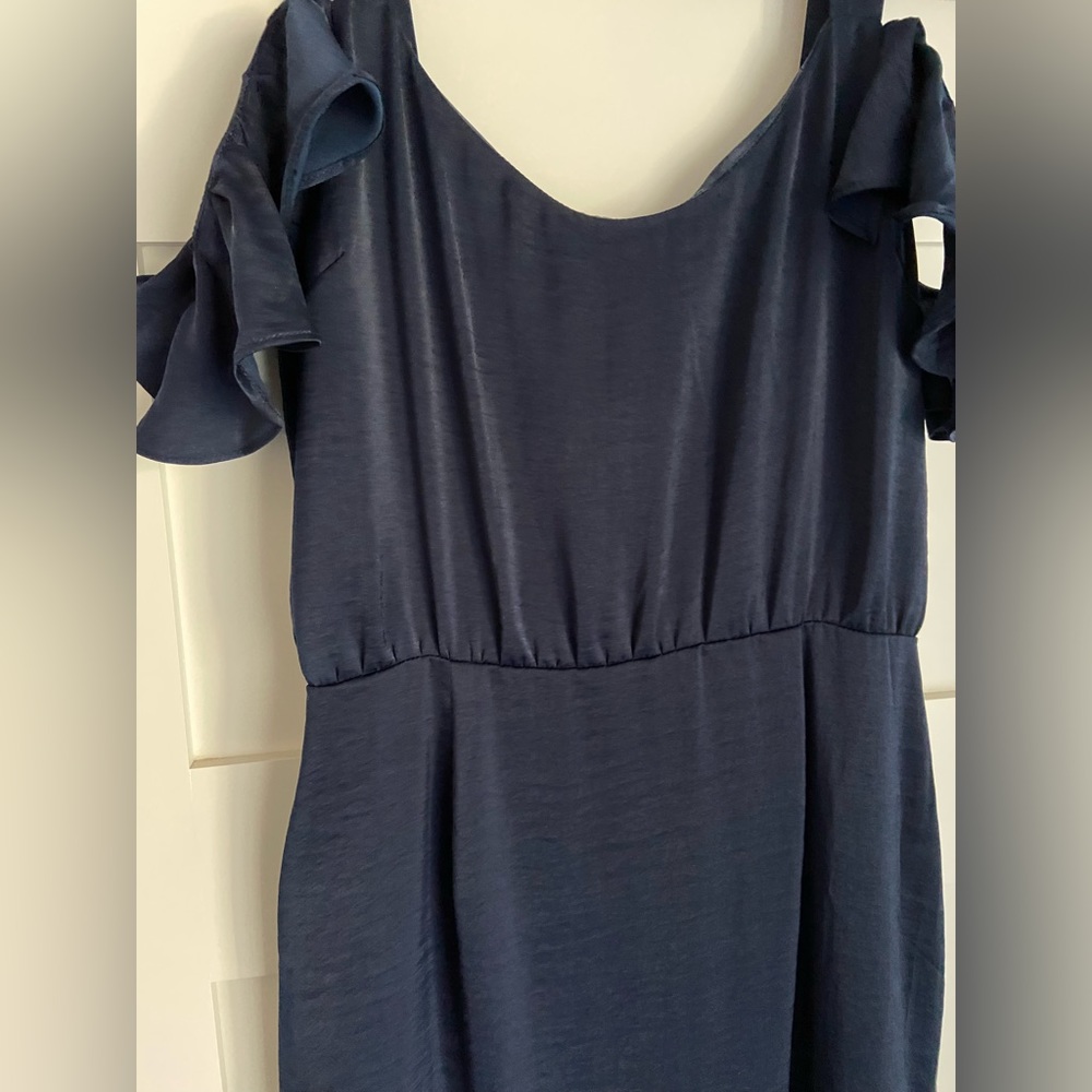 BB Dakota Navy Satiny Dress with Flutter Sleeves